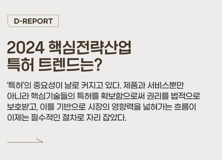 D-REPORT - 2024 핵심전략산업 특허 트렌드는? 과학기술의 발전에 따라 산업계 각 분야에서 시장을 선도하기 위한 속도전이 지속되고 있다. 특히 경쟁구도가 심화됨에 따라 과거 단순하게 생산량을 확보했던 것과 달리 다른 경쟁사보다 우수하고 특색있는 제품과 서비스를 확보하기 위해 노력하고 있다.