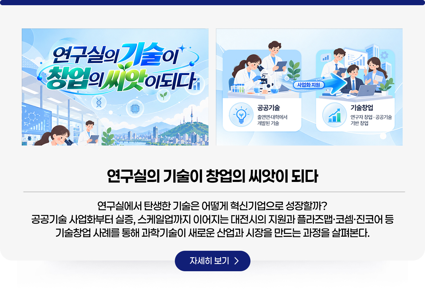 연구실의 기술이 창업의 씨앗이 되다. 연구실에서 탄생한 기술은 어떻게 혁신기업으로 성장할까? 공공기술 사업화부터 실증, 스케일업까지 이어지는 대전시의 지원과 플라즈맵·코셈·진코어 등 기술창업 사례를 통해 과학기술이 새로운 산업과 시장을 만드는 과정을 살펴본다. 자세히보기