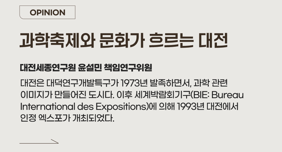 OPINION 과학축제와 문화가 흐르는 대전 대전세종연구원 윤설민 책임연구위원 대전은 대덕연구개발특구가 1973년 발족하면서, 과학 관련 이미지가 만들어진 도시다. 이후 세계박람회기구(BIE: Bureau International des Expositions)에 의해 1993년 대전에서 인정 엑스포가 개최되었다. 