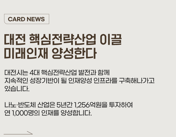 CARD NEWS 대전 핵심전략산업 이끌 미래인재 양성한다 대전시는 4대 핵심전략산업 발전과 함께 지속적인 성장기반이 될 인재양성 인프라를 구축해나가고 있습니다. 나노·반도체 산업은 5년간 1,256억원을 투자하여 연 1,000명의 인재를 양성합니다.